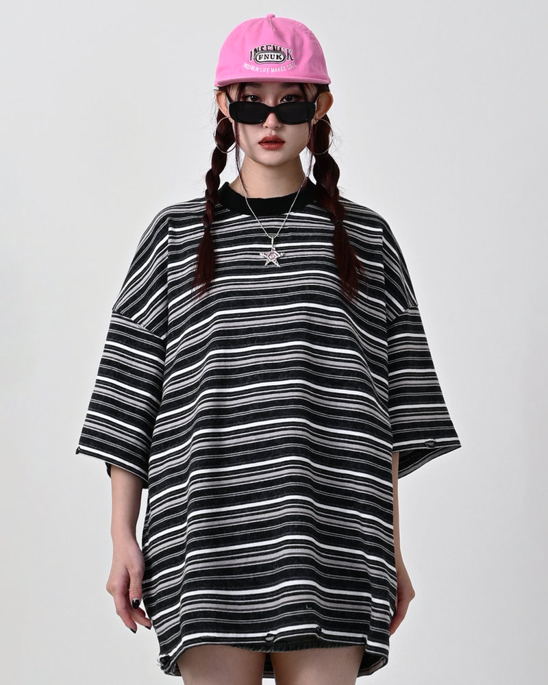 【10日以内お届け】ウォッシュドダメージボーダーT L2107